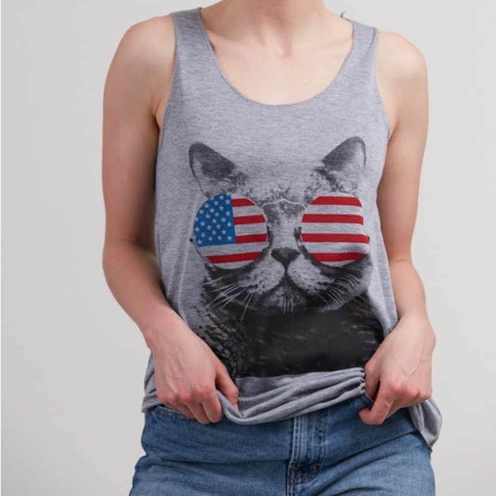Cat With American Flag sunglasses tank NWT